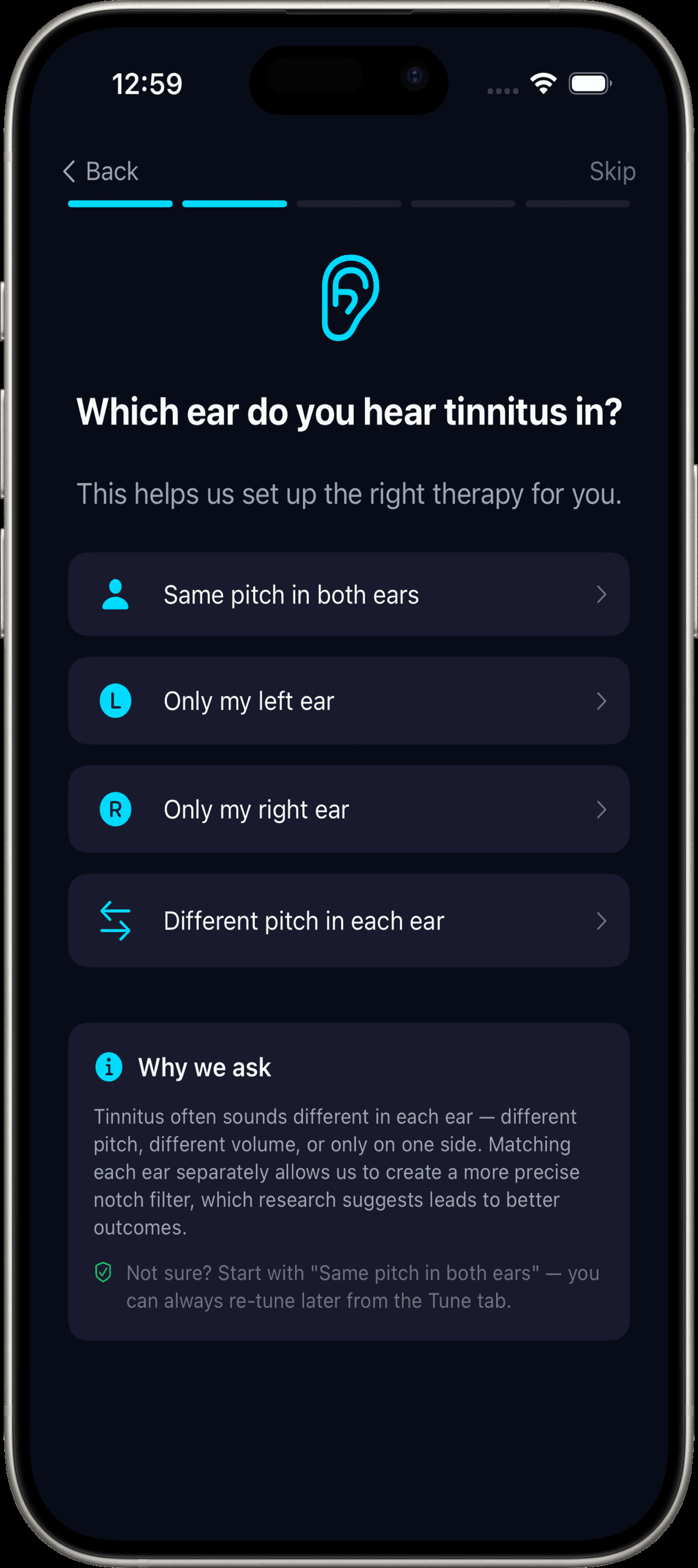 Tinnitus Saurus per-ear frequency matching screen
