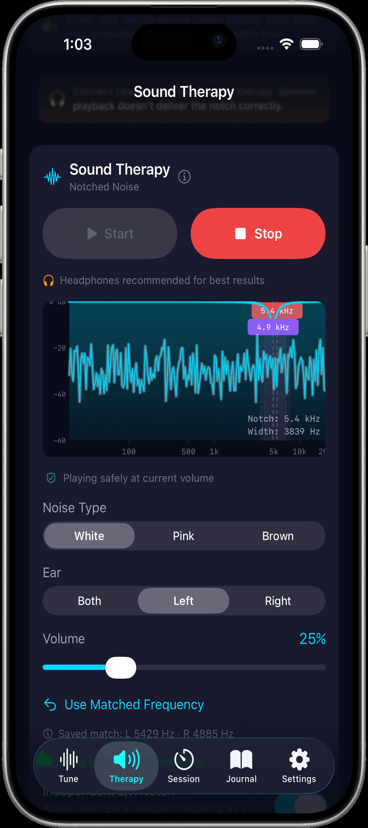 Sound Therapy with live notch spectrum showing removed frequencies centered on your tinnitus pitch